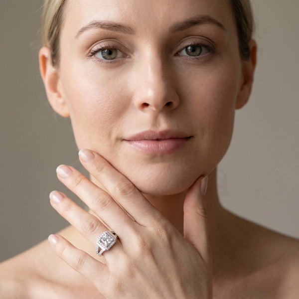 White gold Princess Cut Halo Split Shank Prong Set Ring