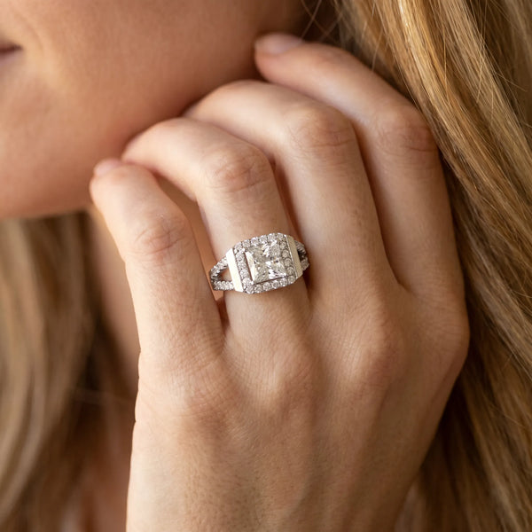 White gold Princess Cut Halo Split Shank Prong Set Ring