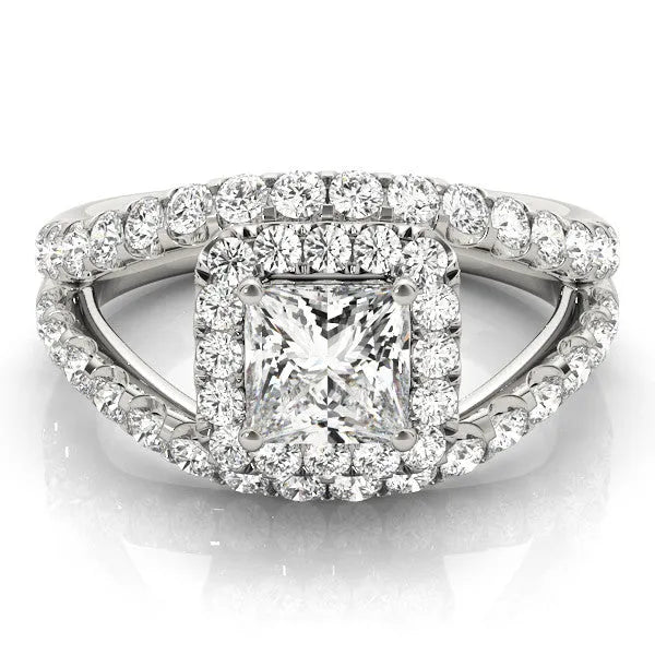 White gold Princess Cut Halo Split Shank Ring with Four-Prong Setting