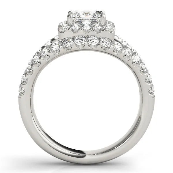 White gold Princess Cut Halo Split Shank Ring with Four-Prong Setting
