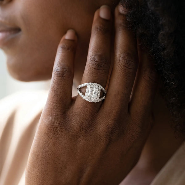 White gold Princess Cut Halo Split Shank Ring with Four-Prong Setting