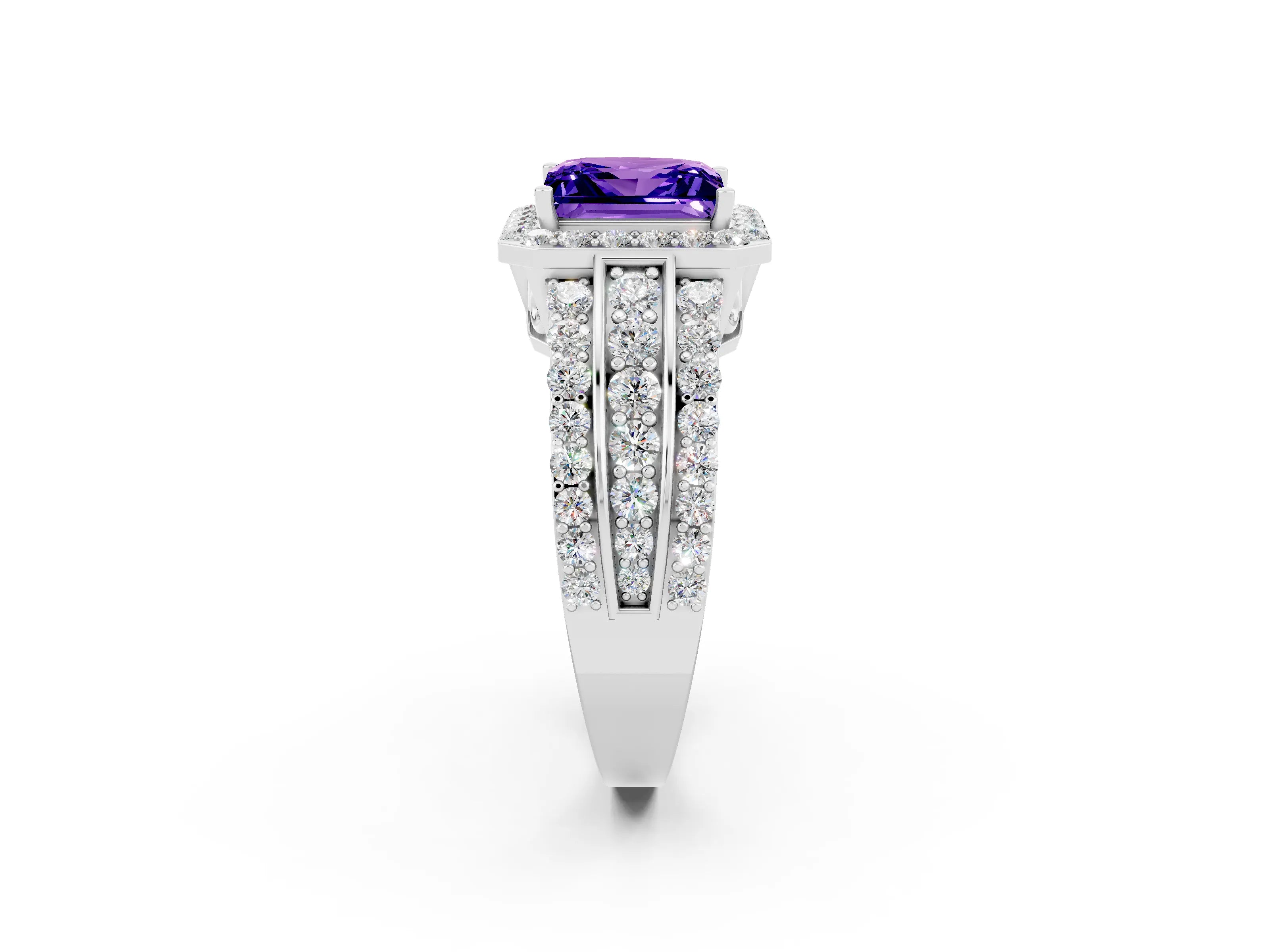 White gold Princess Cut Halo Tanzanite Ring with Split Shank and Four-Prong Setting_2