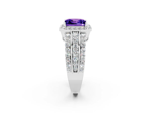 Silver Princess Cut Halo Tanzanite Ring with Round  Split Shank and Prong Setting