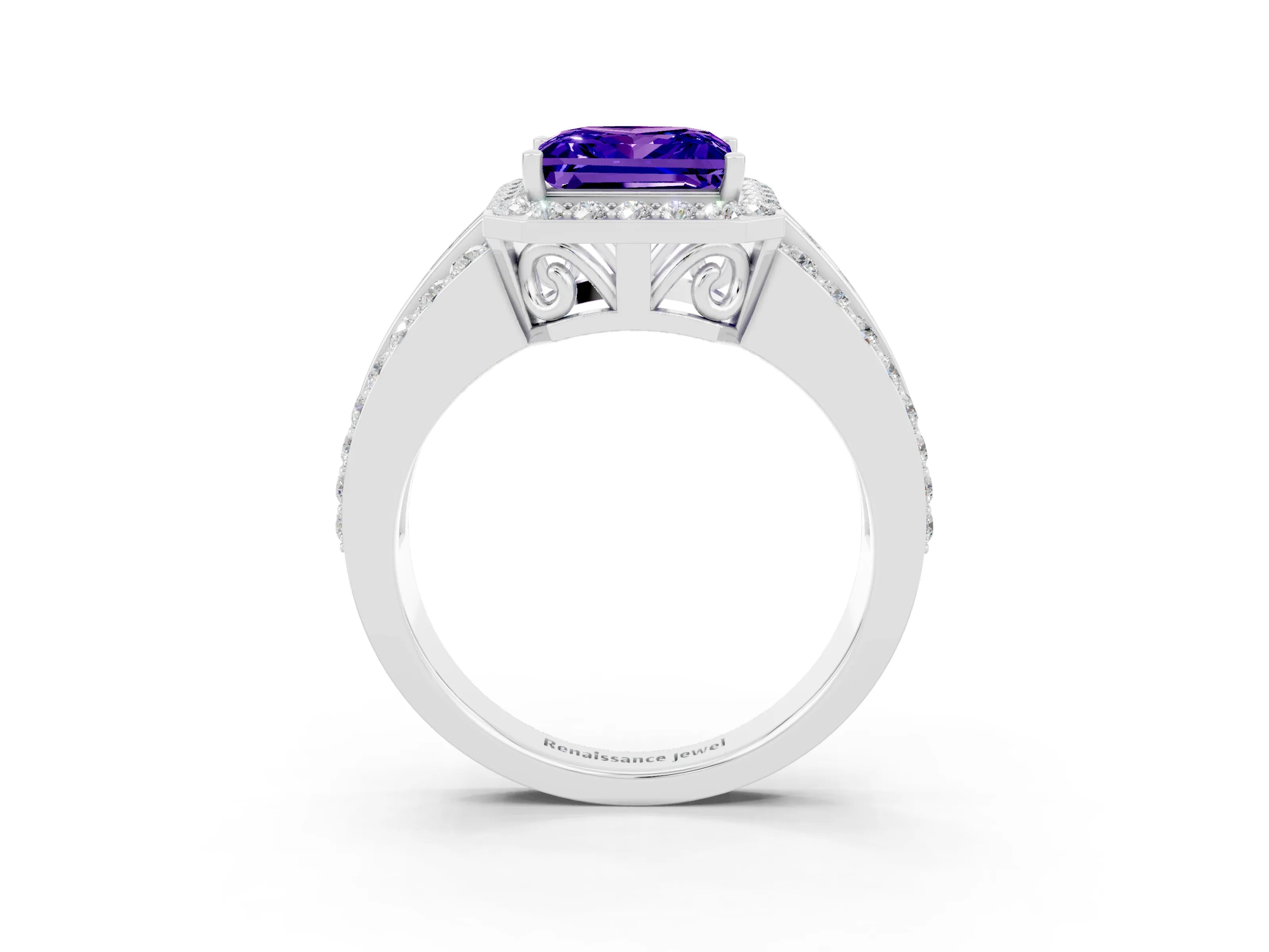 White gold Princess Cut Halo Tanzanite Ring with Split Shank and Four-Prong Setting_3