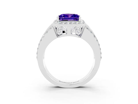 White gold Princess Cut Halo Tanzanite Ring with Split Shank and Four-Prong Setting_3