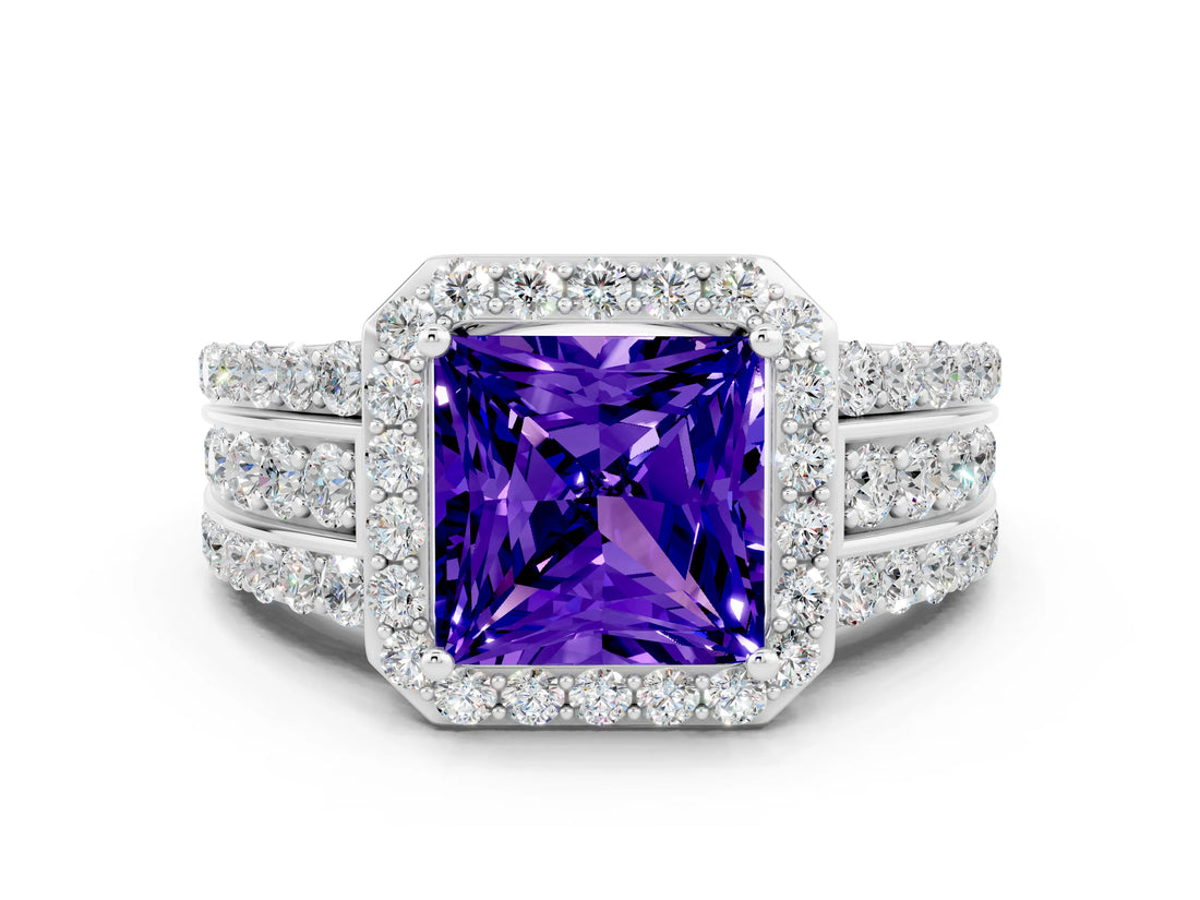 White gold Princess Cut Halo Tanzanite Ring with Split Shank and Four-Prong Setting