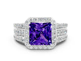 White gold Princess Cut Halo Tanzanite Ring with Split Shank and Four-Prong Setting