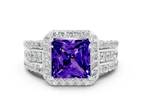White gold Princess Cut Halo Tanzanite Ring with Split Shank and Four-Prong Setting