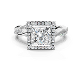 White gold Princess Cut Halo Twisted Band Four-Prong Ring_46