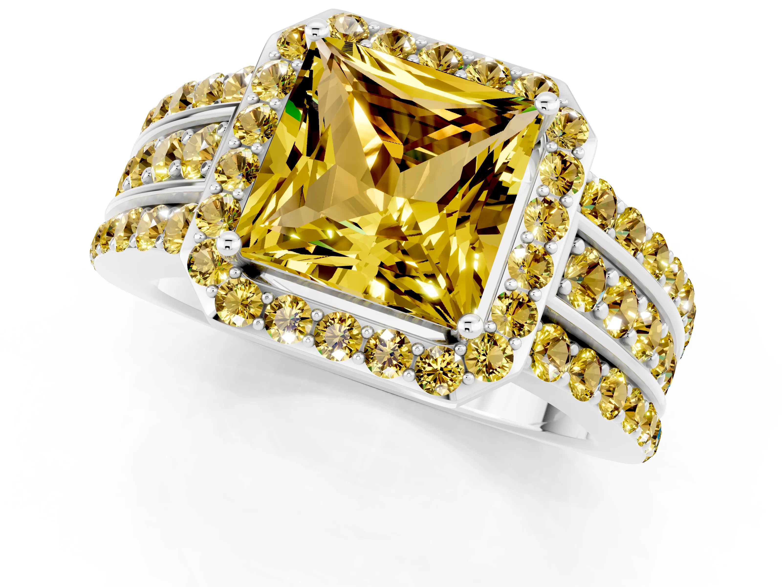 White gold Princess Cut Halo Yellow Sapphire Ring with Split Shank and Four-Prong Setting_1