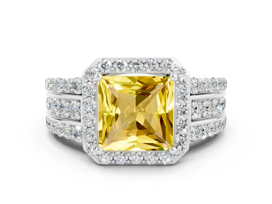 White gold Princess Cut Halo Yellow Sapphire Ring with Split Shank and Four-Prong Setting_24