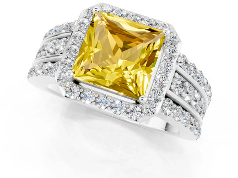 White gold Princess Cut Halo Yellow Sapphire Ring with Split Shank and Four-Prong Setting_25