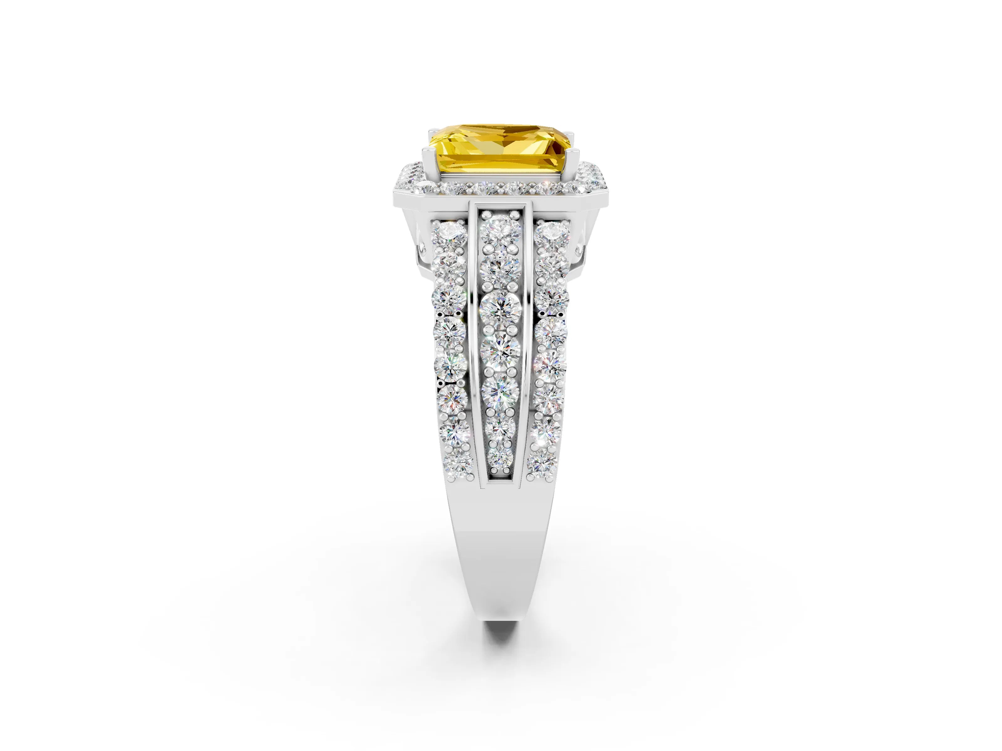 White gold Princess Cut Halo Yellow Sapphire Ring with Split Shank and Four-Prong Setting_26