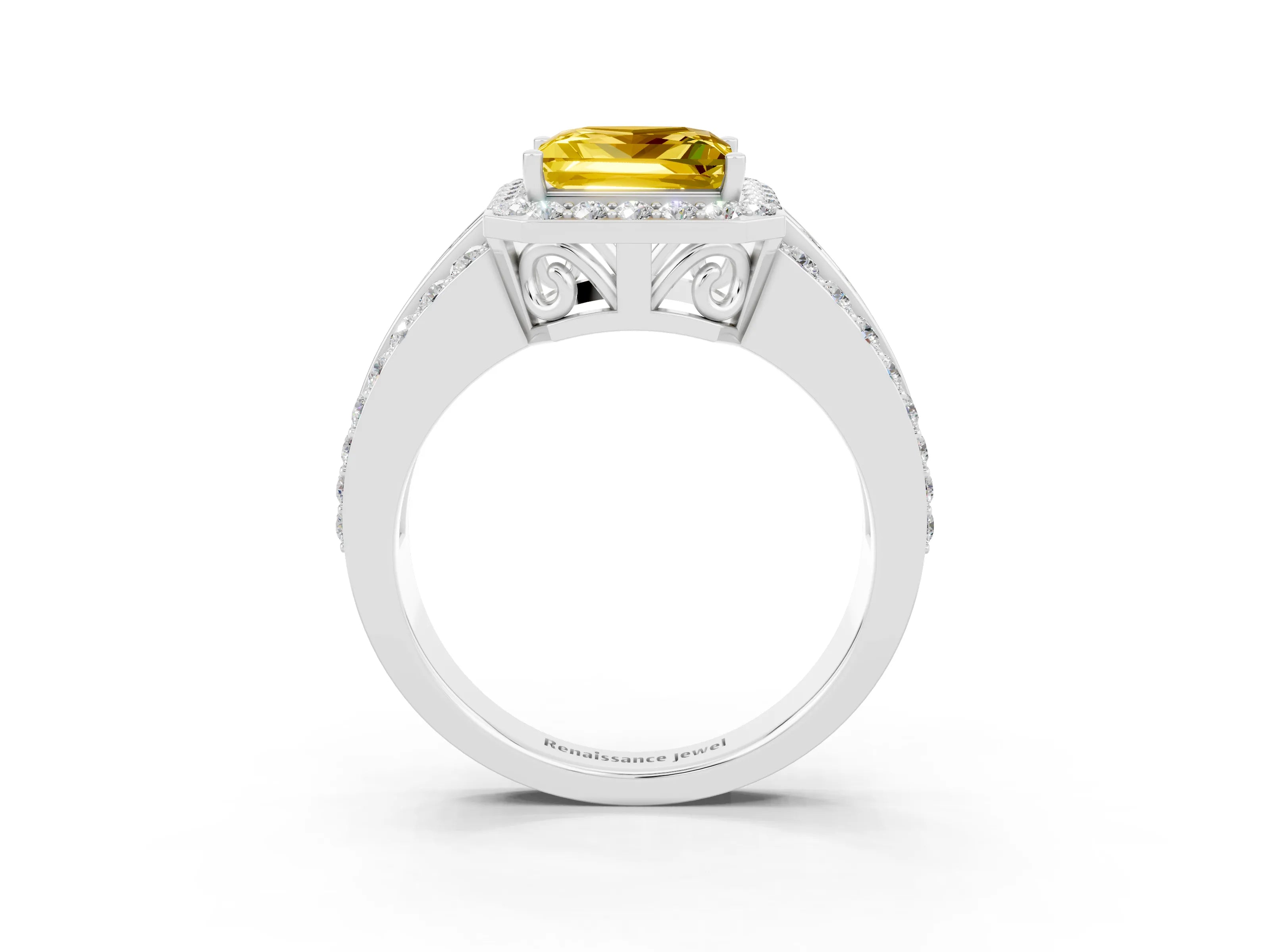 White gold Princess Cut Halo Yellow Sapphire Ring with Split Shank and Four-Prong Setting_27