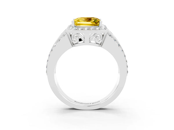 White gold Princess Cut Halo Yellow Sapphire Ring with Round  Split Shank and Prong Setting