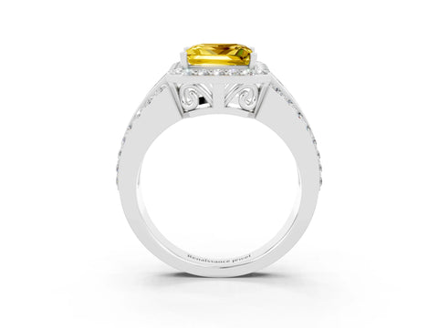 White gold Princess Cut Halo Yellow Sapphire Ring with Split Shank and Four-Prong Setting_27