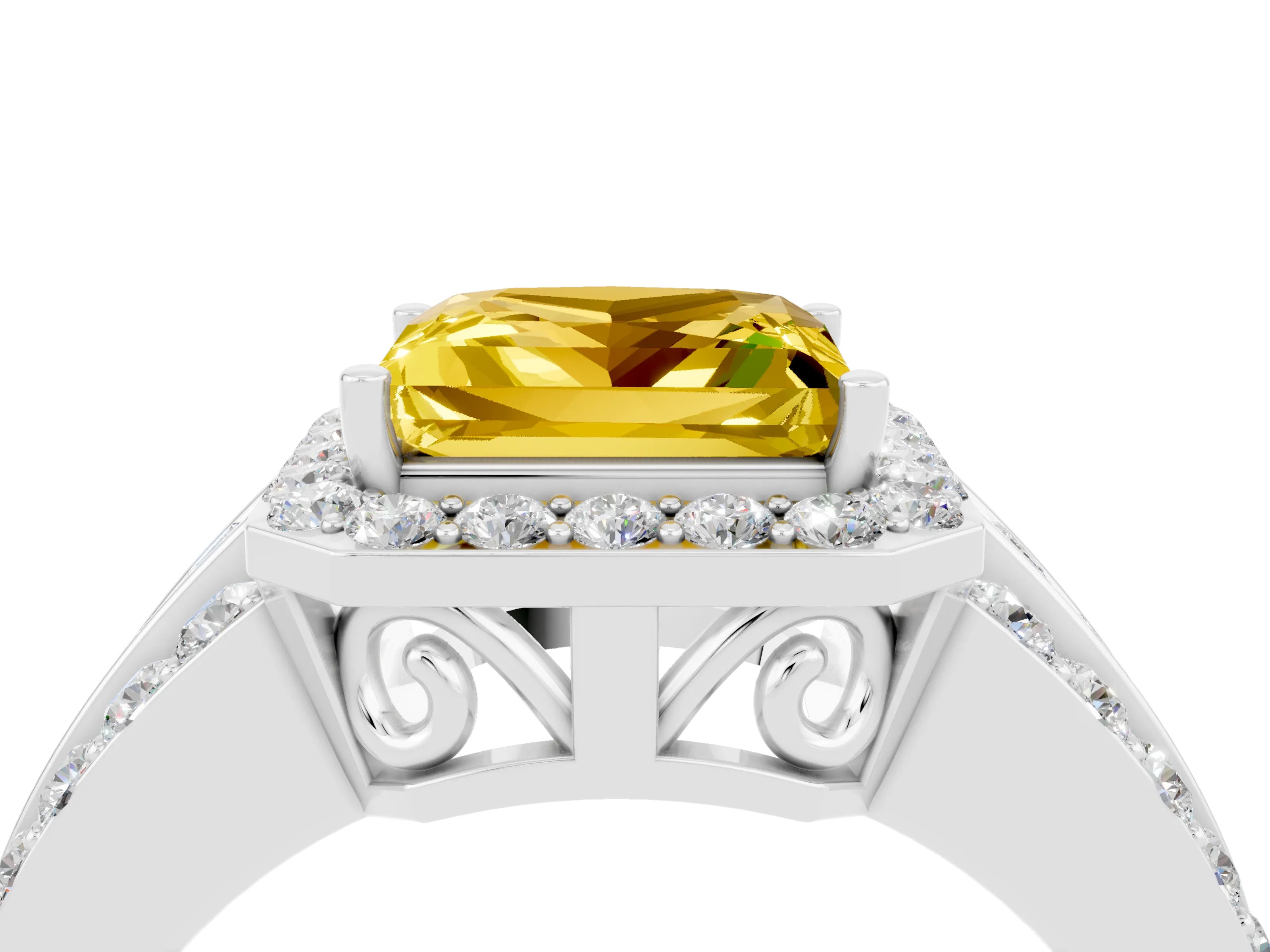 White gold Princess Cut Halo Yellow Sapphire Ring with Split Shank and Four-Prong Setting_28
