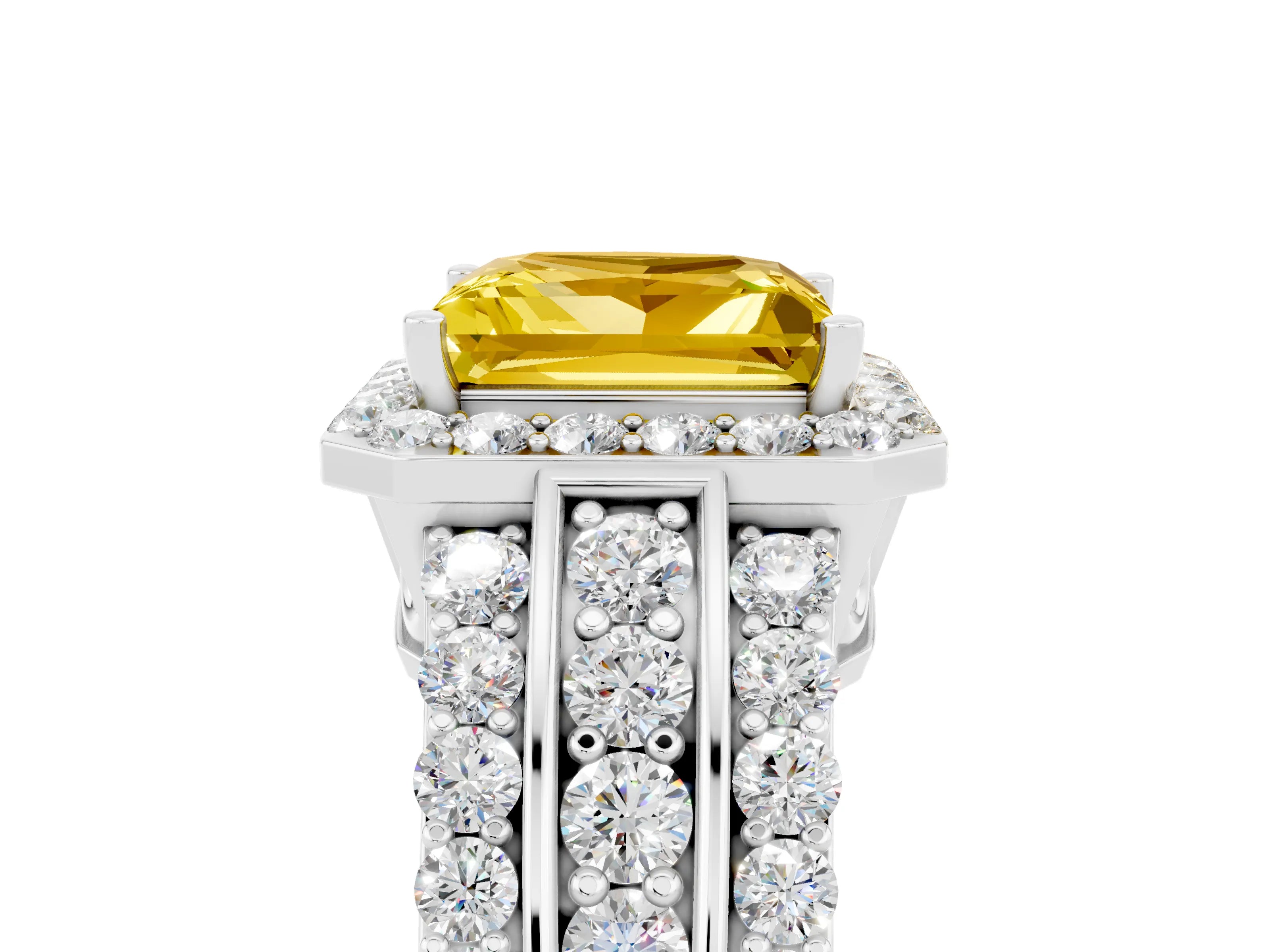 White gold Princess Cut Halo Yellow Sapphire Ring with Split Shank and Four-Prong Setting_29