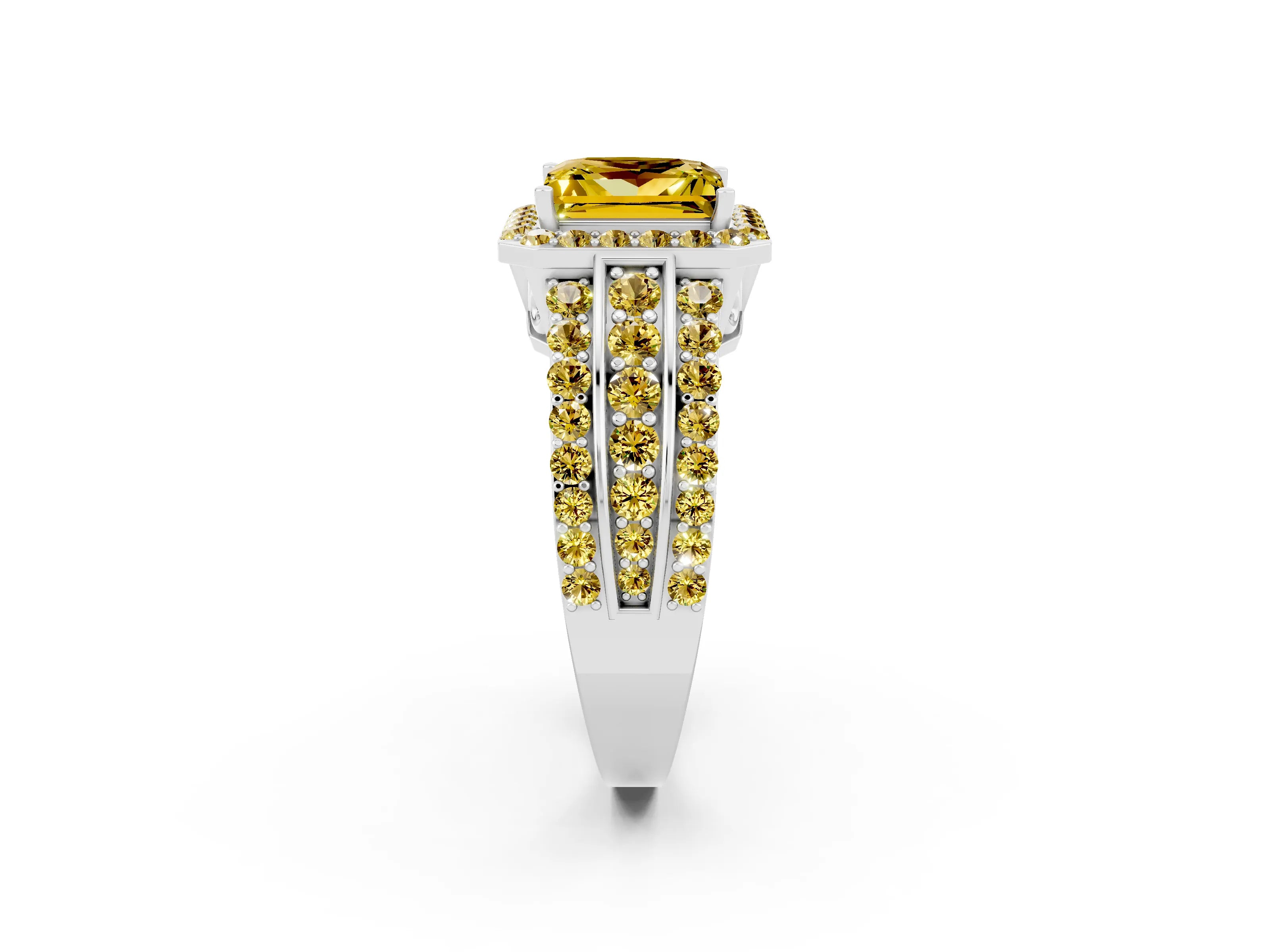 White gold Princess Cut Halo Yellow Sapphire Ring with Split Shank and Four-Prong Setting_2