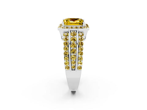 White gold Princess Cut Halo Yellow Sapphire Ring with Split Shank and Four-Prong Setting_2