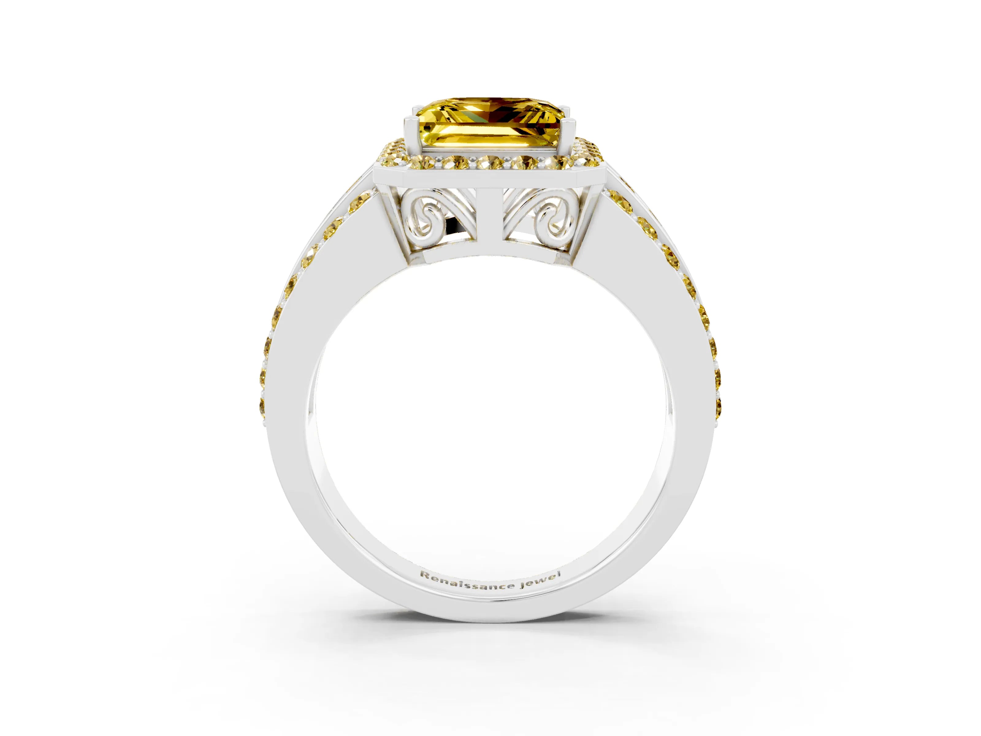 White gold Princess Cut Halo Yellow Sapphire Ring with Split Shank and Four-Prong Setting_3