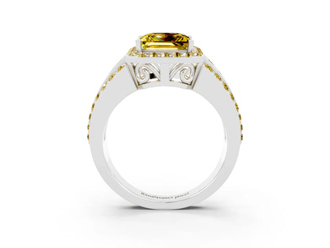 White gold Princess Cut Halo Yellow Sapphire Ring with Split Shank and Four-Prong Setting_3