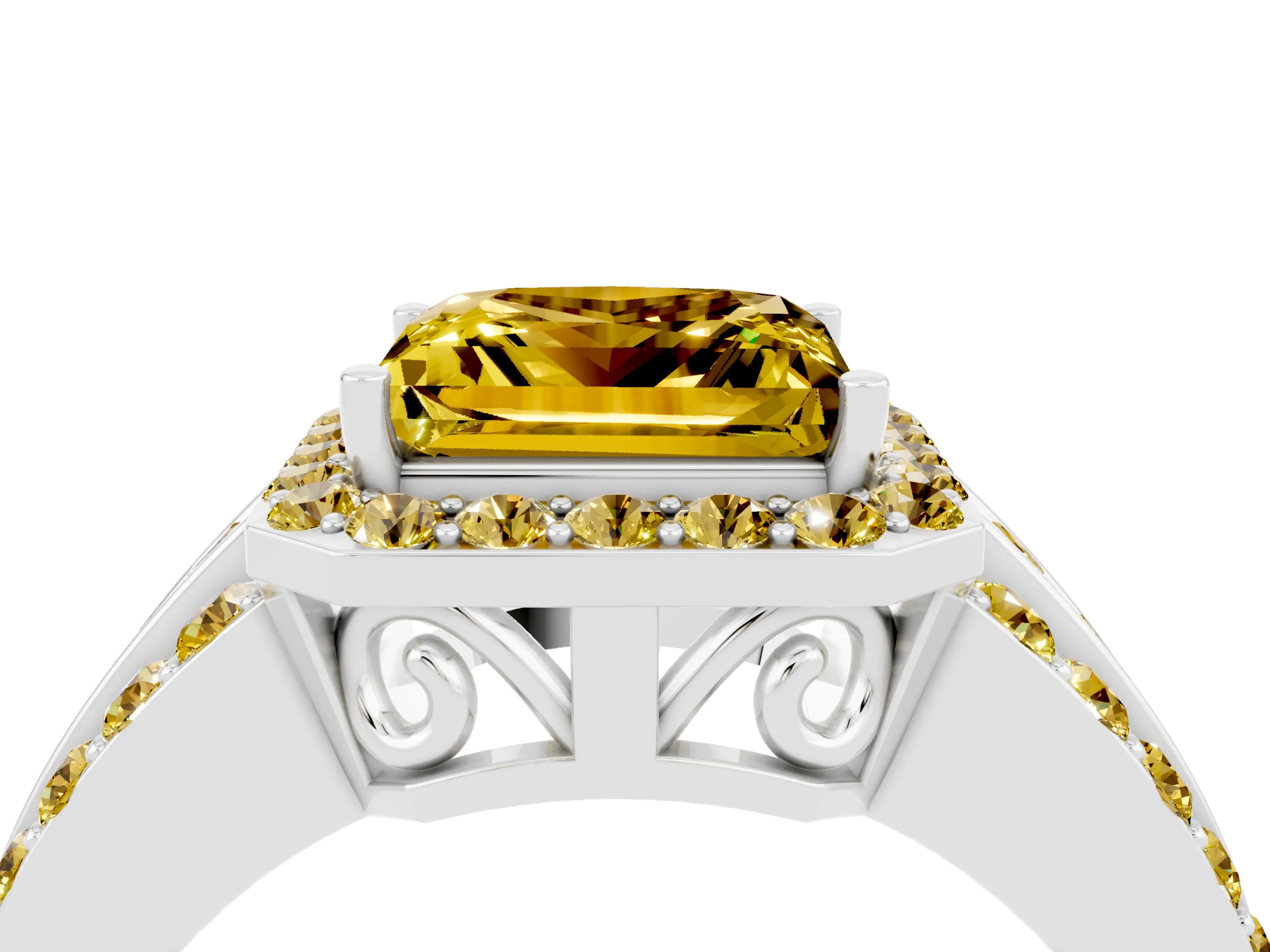 White gold Princess Cut Halo Yellow Sapphire Ring with Split Shank and Four-Prong Setting_4