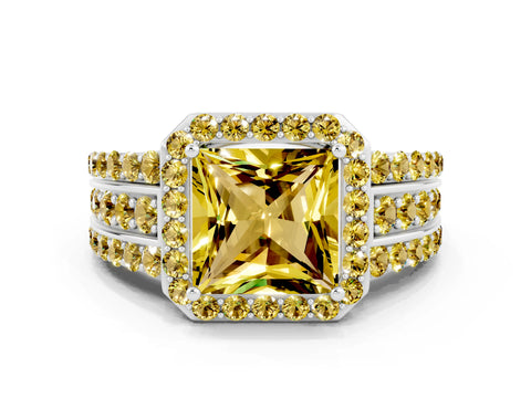 White gold Princess Cut Halo Yellow Sapphire Ring with Split Shank and Four-Prong Setting