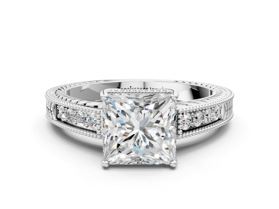 White gold Princess Cut Milgrain Channel Set Engagement Ring with Solitaire Prong Setting