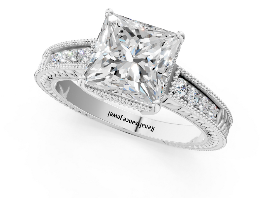 White gold Princess Cut Milgrain Channel Set Engagement Ring with Solitaire Prong Setting