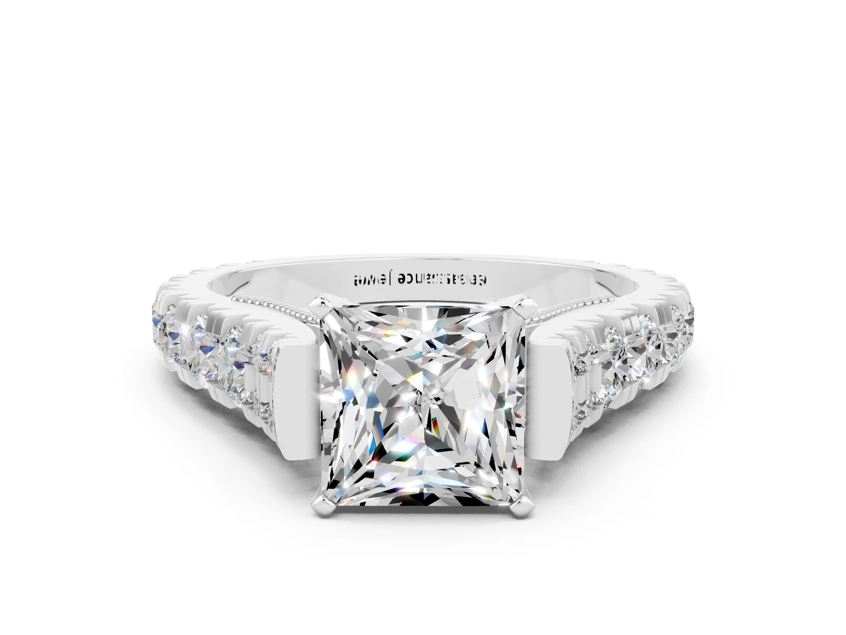 White gold Princess Cut Moissanite Classic Solitaire Ring with Pavé Band and Four-Prong Setting