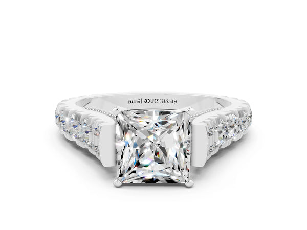 Platinum Princess Cut Moissanite Classic Solitaire Ring with Pavé Band and Four-Prong Setting