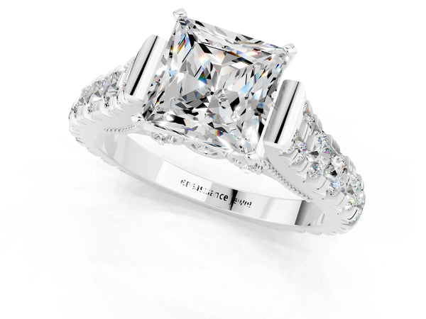 Silver Princess Cut Moissanite Classic Solitaire Ring with Pavé Band and Four-Prong Setting