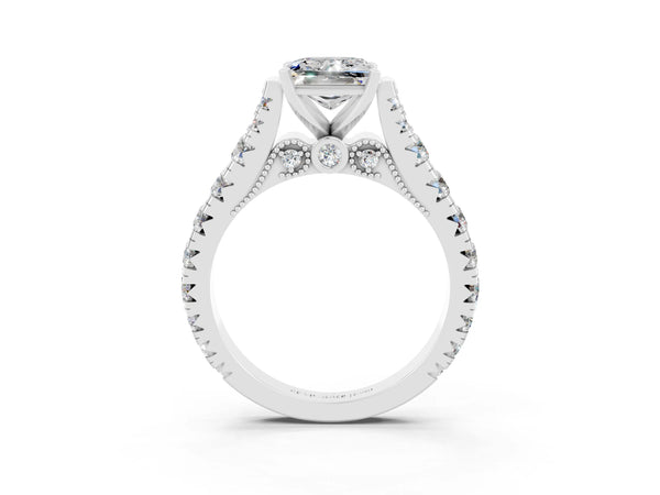 Platinum Princess Cut Moissanite Classic Solitaire Ring with Pavé Band and Four-Prong Setting