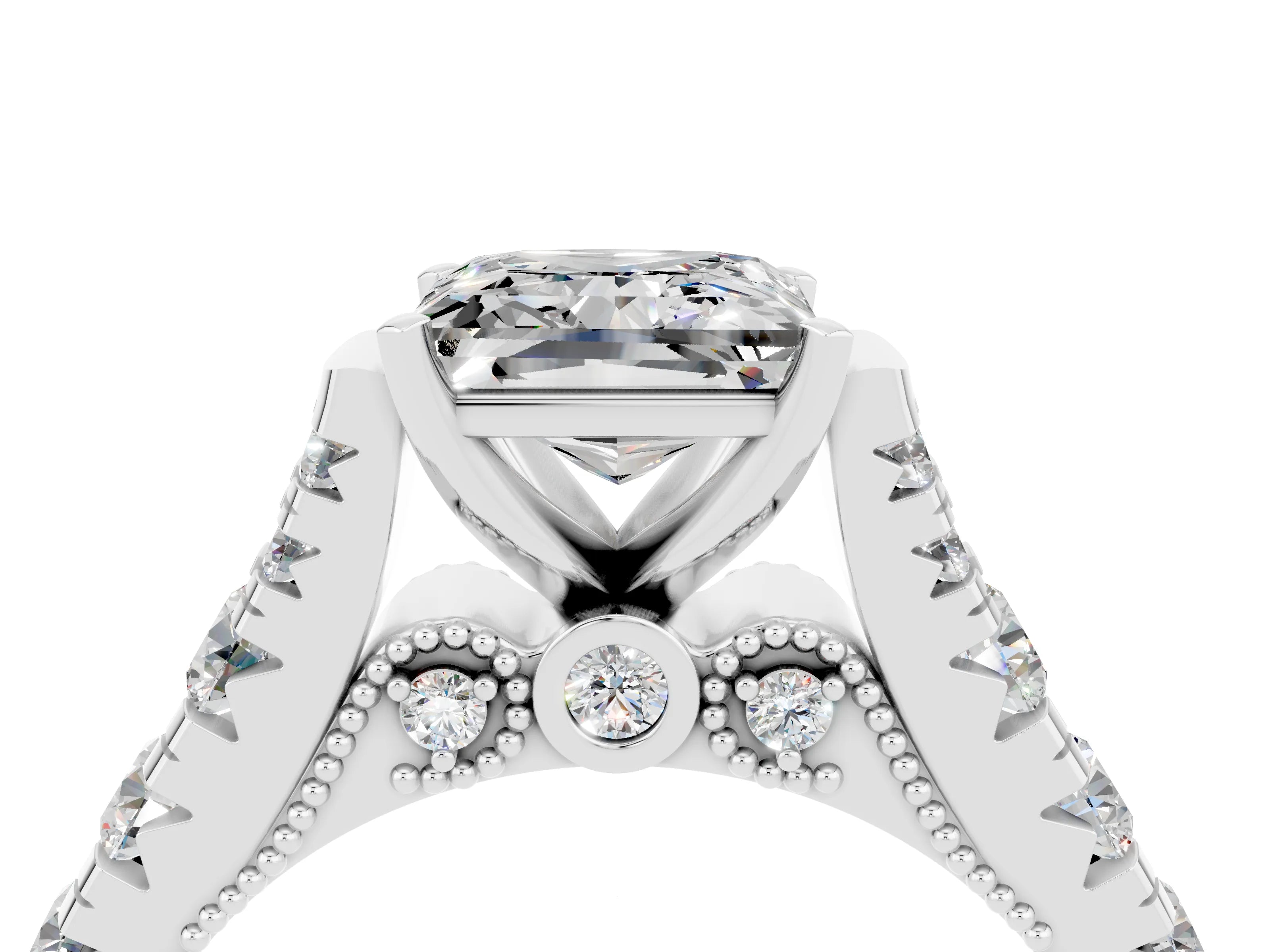 White gold Princess Cut Moissanite Classic Solitaire Ring with Pavé Band and Four-Prong Setting_4