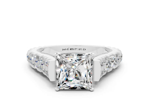 White gold Princess Cut Moissanite Classic Solitaire Ring with Pavé Band and Four-Prong Setting