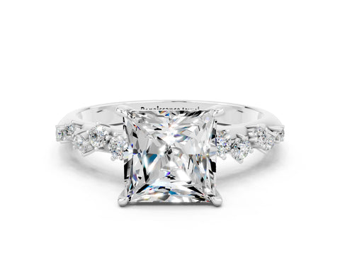 White gold Princess Cut Moissanite Cluster Side Stone Solitaire Ring with Prong Setting_24
