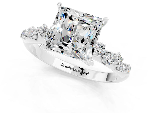 Platinum Princess Cut Moissanite Cluster Side Stone Solitaire Ring with Prong Setting