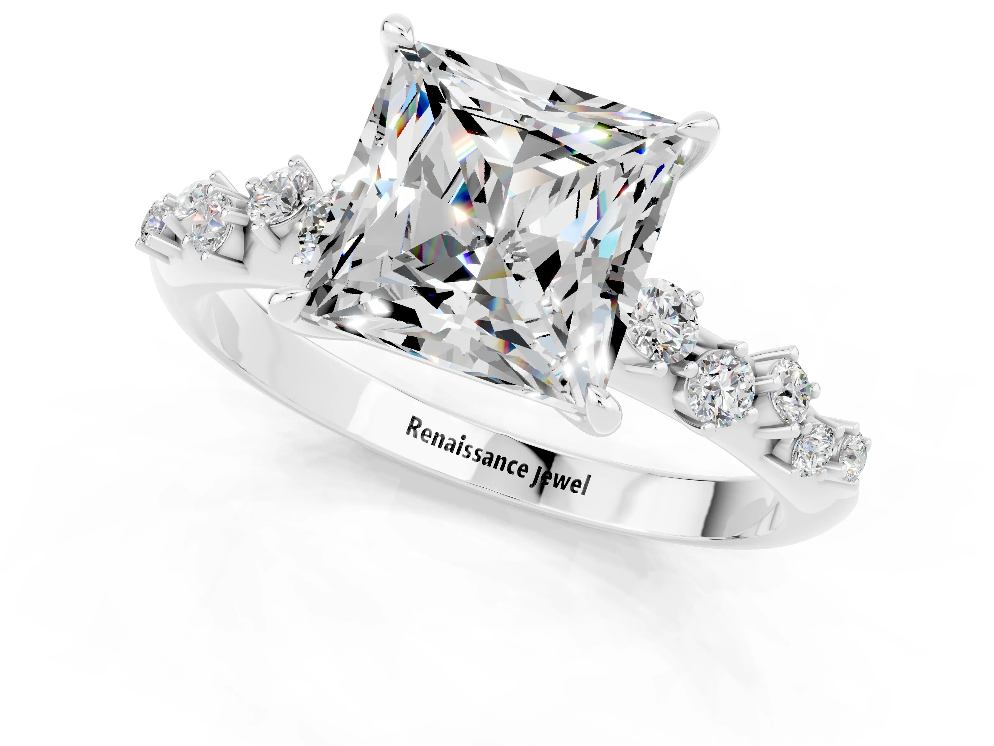 White gold Princess Cut Moissanite Cluster Side Stone Solitaire Ring with Prong Setting_25