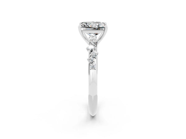 Silver Princess Cut Moissanite Cluster Side Stone Solitaire Ring with Prong Setting