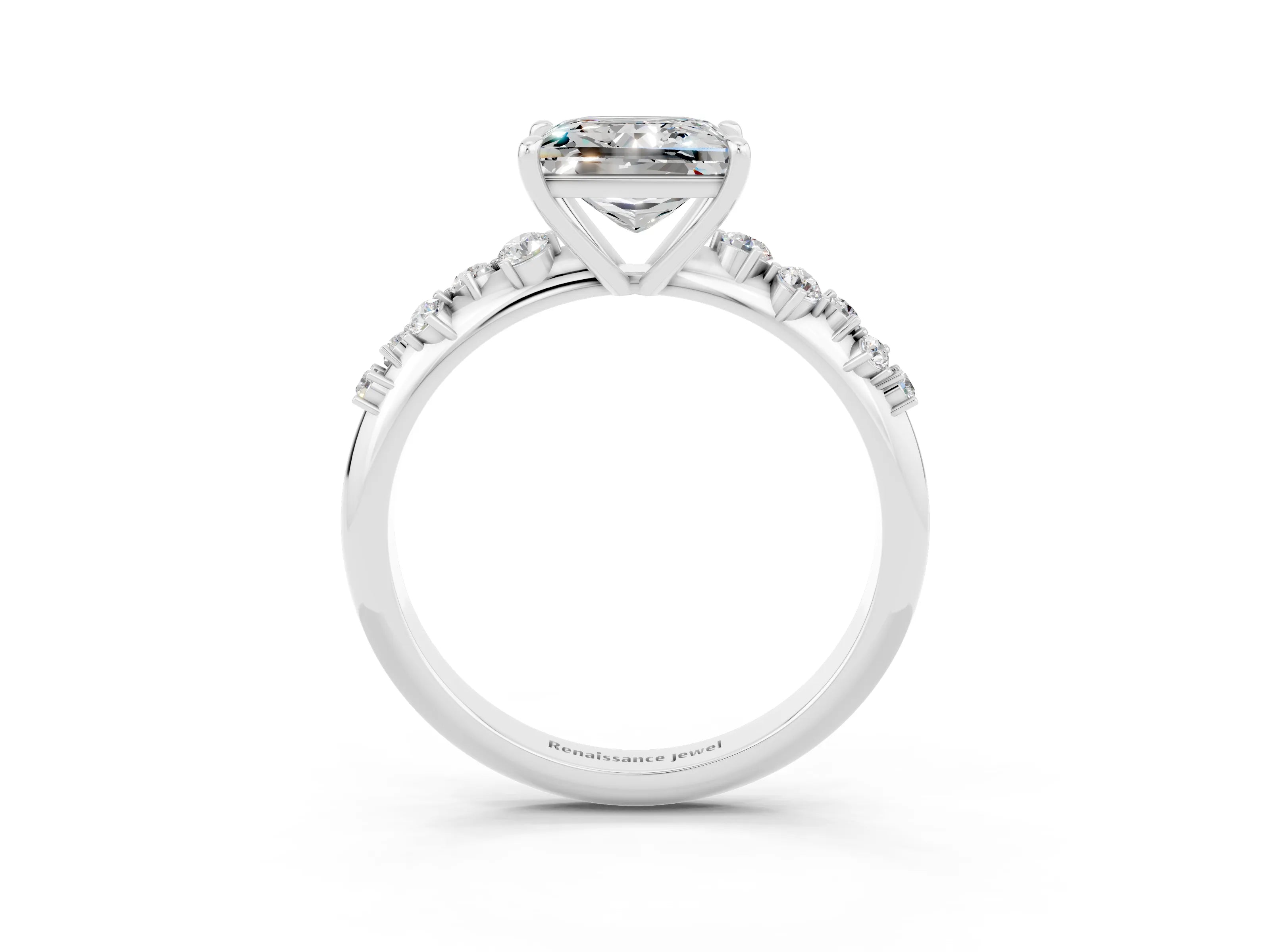 White gold Princess Cut Moissanite Cluster Side Stone Solitaire Ring with Prong Setting_27