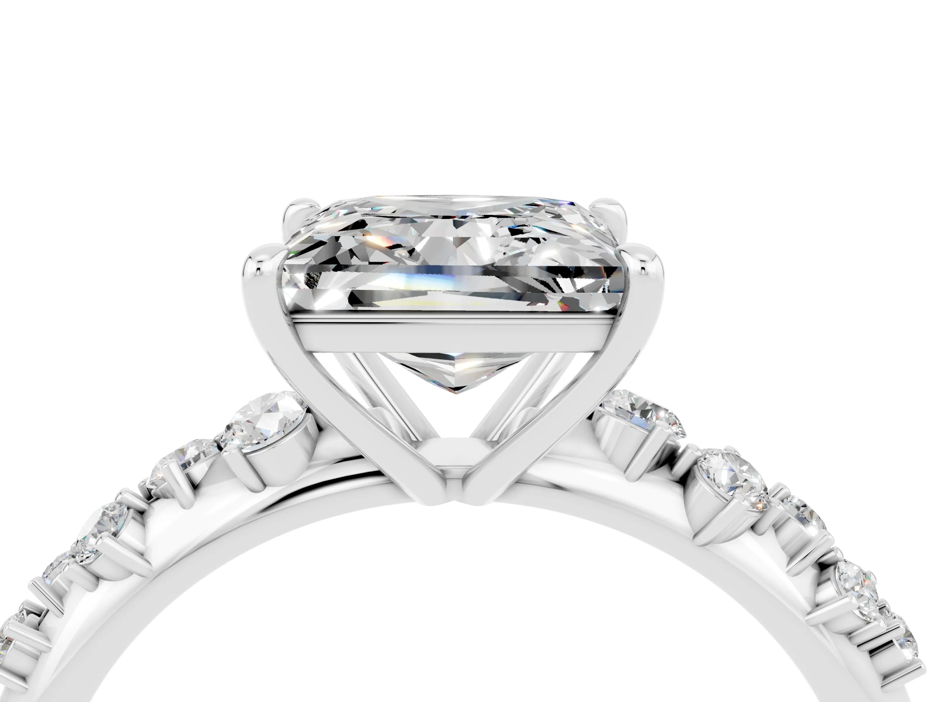 White gold Princess Cut Moissanite Cluster Side Stone Solitaire Ring with Prong Setting_28