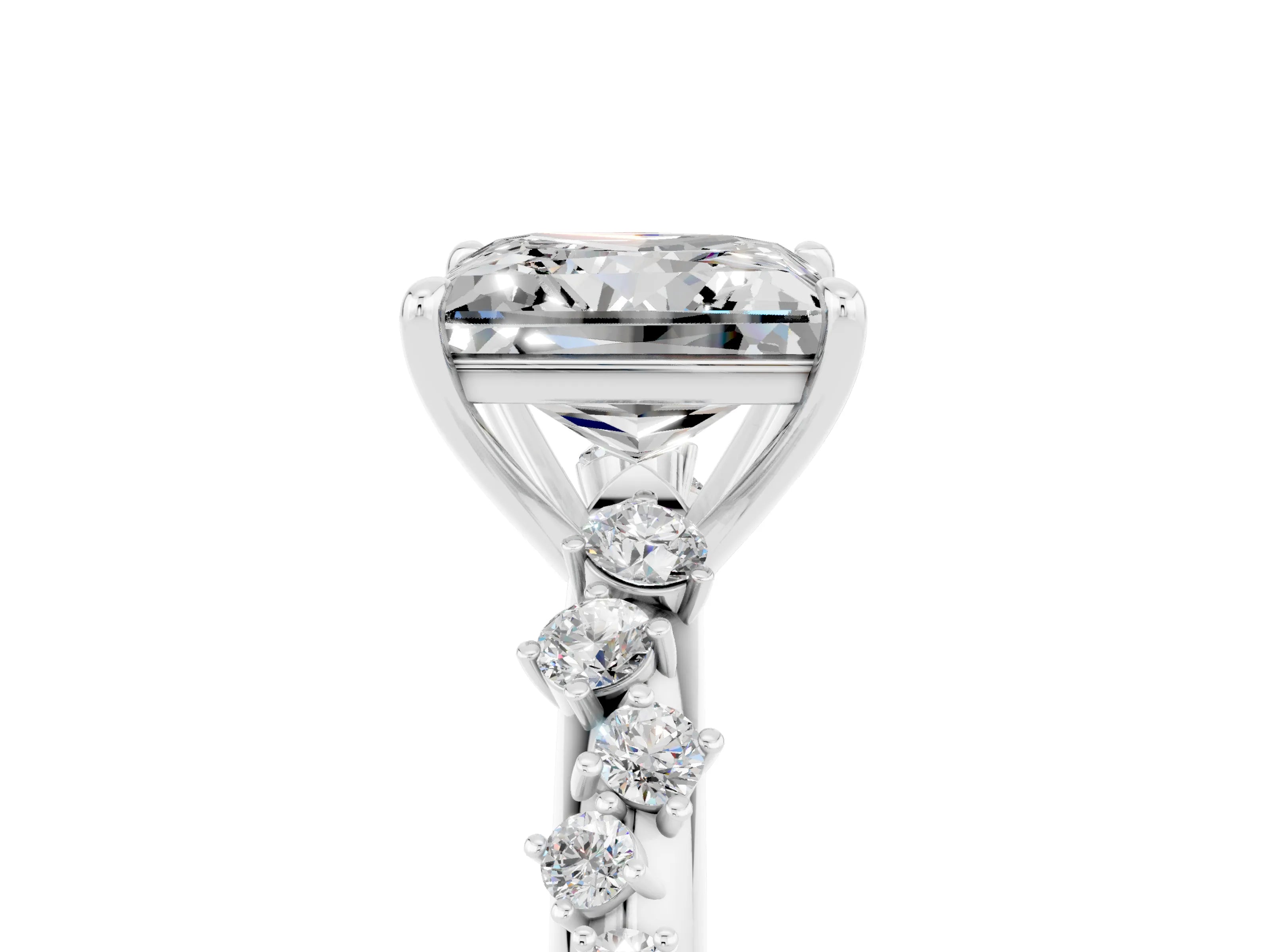 White gold Princess Cut Moissanite Cluster Side Stone Solitaire Ring with Prong Setting_29
