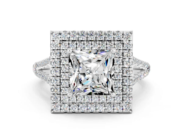 Platinum Princess Cut Moissanite Double Halo Ring with Pavé Band and Prong Setting