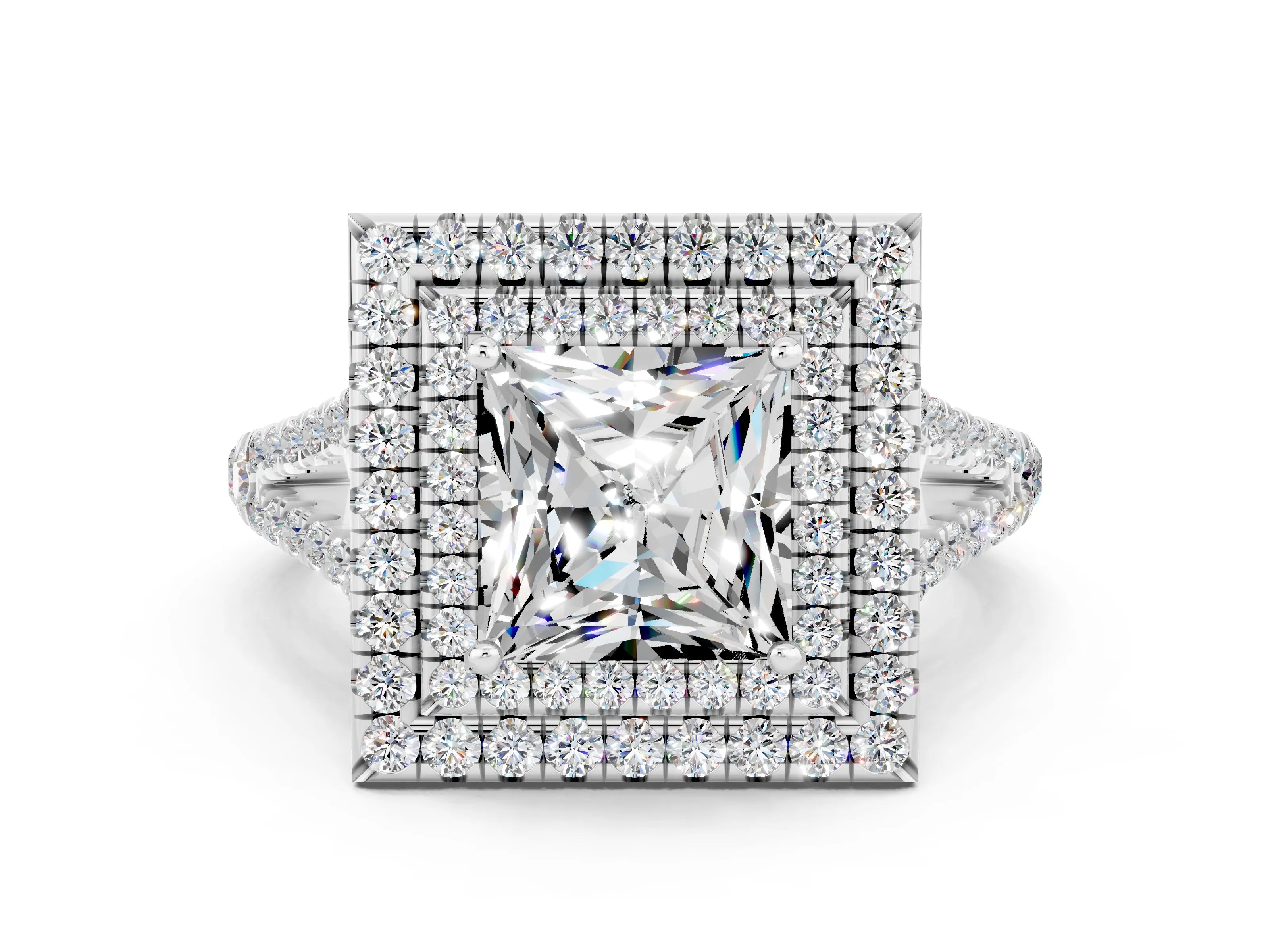 White gold Princess Cut Moissanite Double Halo Ring with Pavé Band and Prong Setting_12