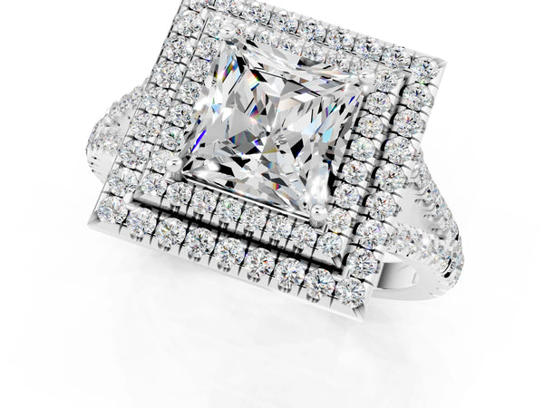 Platinum Princess Cut Moissanite Double Halo Ring with Pavé Band and Prong Setting