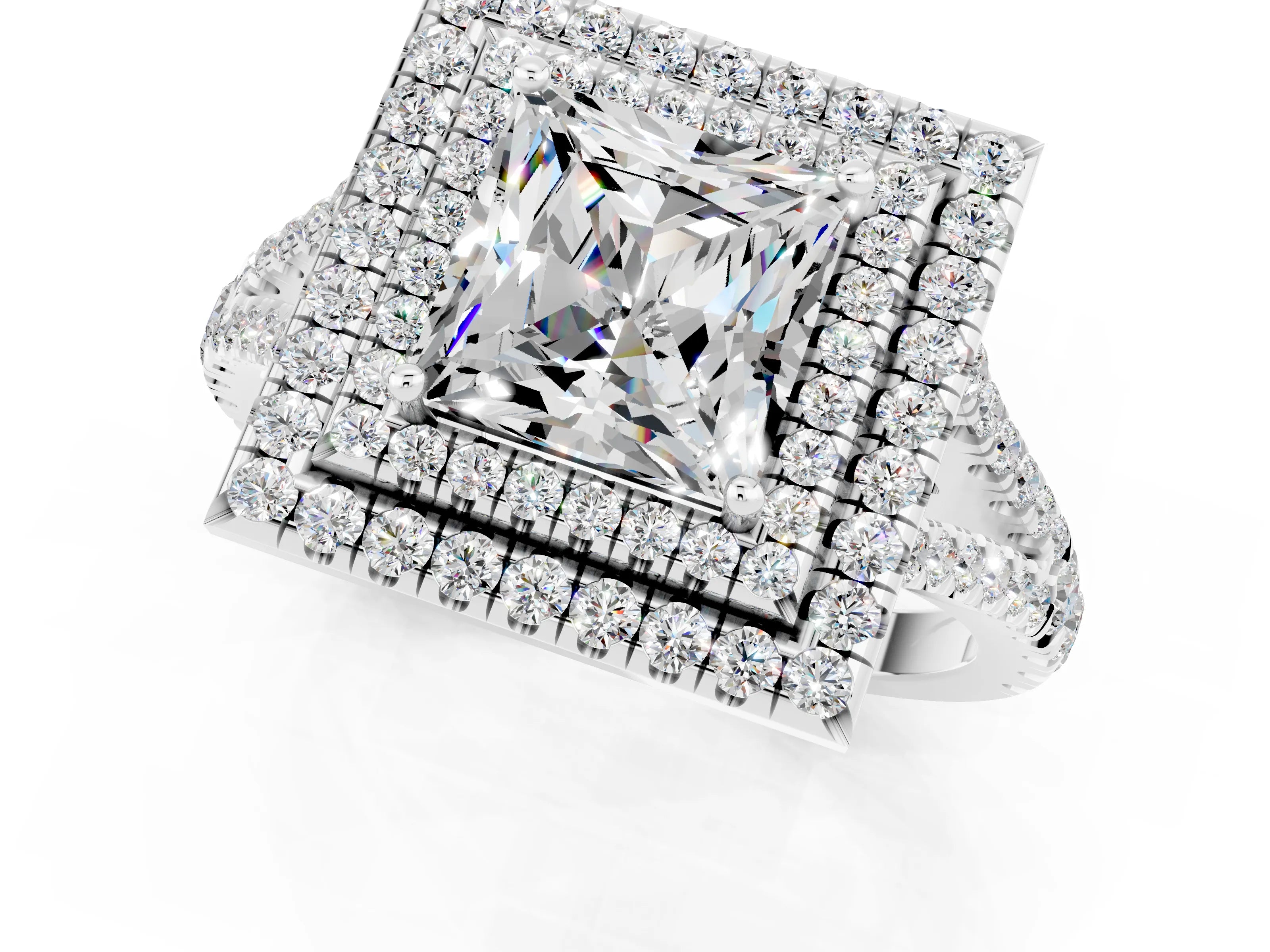 White gold Princess Cut Moissanite Double Halo Ring with Pavé Band and Prong Setting_13