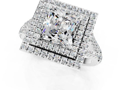 White gold Princess Cut Moissanite Double Halo Ring with Pavé Band and Prong Setting_13