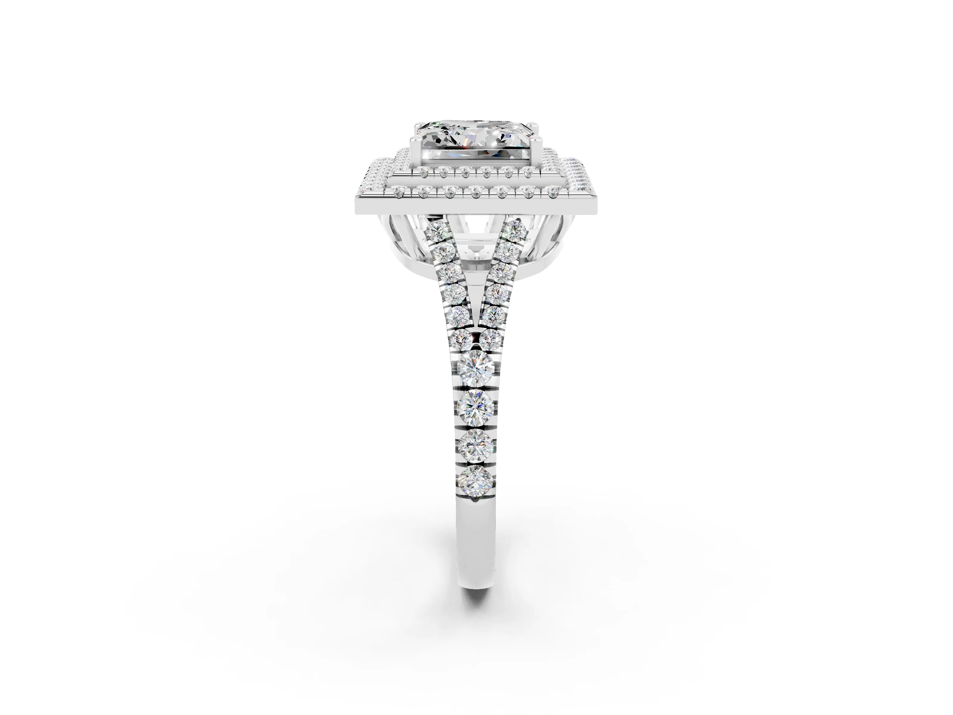 White gold Princess Cut Moissanite Double Halo Ring with Pavé Band and Prong Setting_14