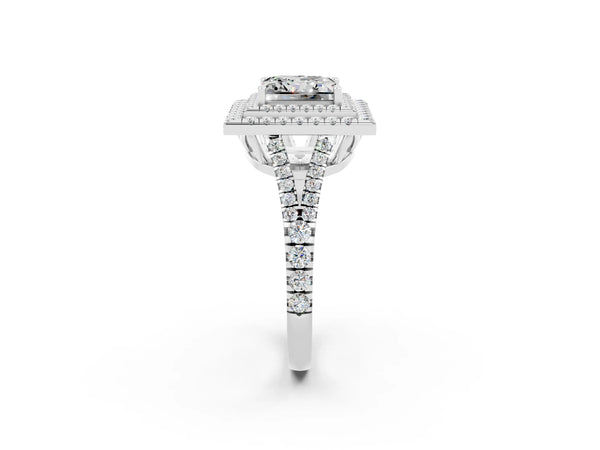 Silver Princess Cut Moissanite Double Halo Ring with Pavé Band and Prong Setting